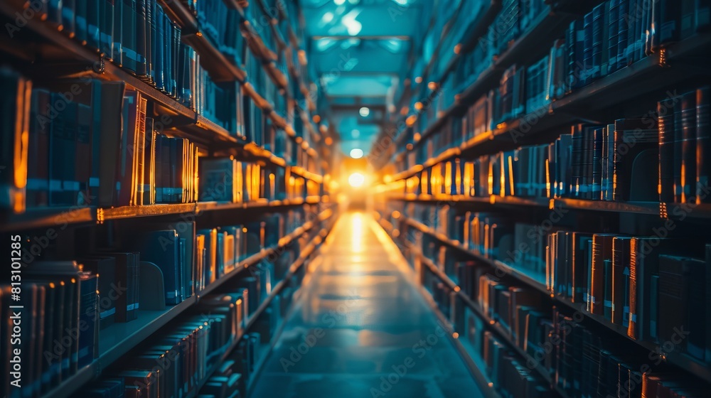 Library shelves blurred with focused aisle in sunlight