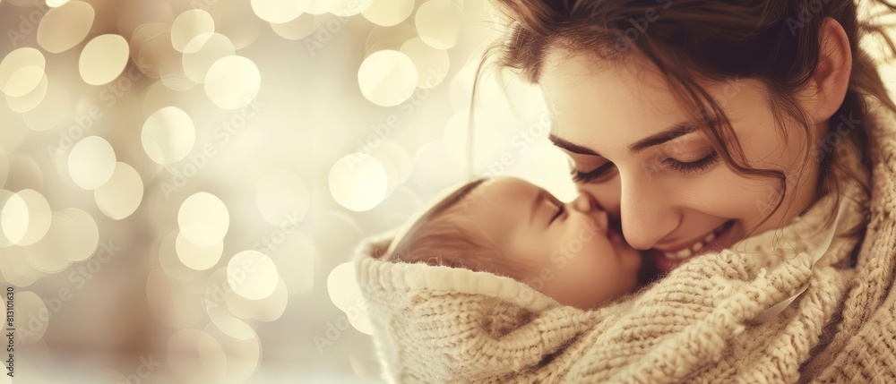A young mother tenderly holds her newborn, wrapped in a soft towel, her smile reflecting boundless love and warmth