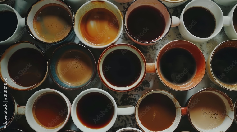 An array of coffee cups viewed from above, each telling its own story of taste and preference An array of coffee cups viewed from above, each telling its own story of taste and preference