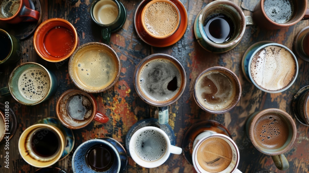 An array of coffee cups viewed from above, each telling its own story of taste and preference An array of coffee cups viewed from above, each telling its own story of taste and preference