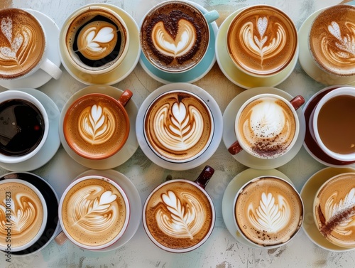 An array of coffee cups viewed from above, each telling its own story of taste and preference