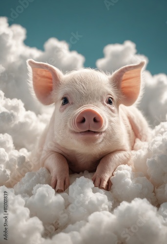 Domestic pig lying on clouds in sky, happy and content