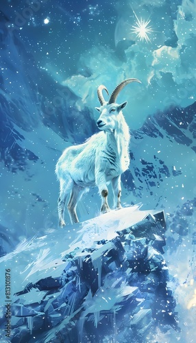 Majestic Celestial Goat Spirit Surveying Snowy Mountain Peaks under Starry Night Sky