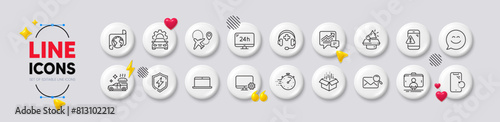 Airplane, Timer and Selfie stick line icons. White buttons 3d icons. Pack of Monitor settings, Smile chat, 24h service icon. Power safety, Food delivery, Search mail pictogram. Vector