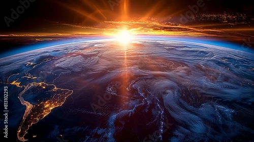 Sunrise view of the planet Earth from space with the sun setting over the horizon