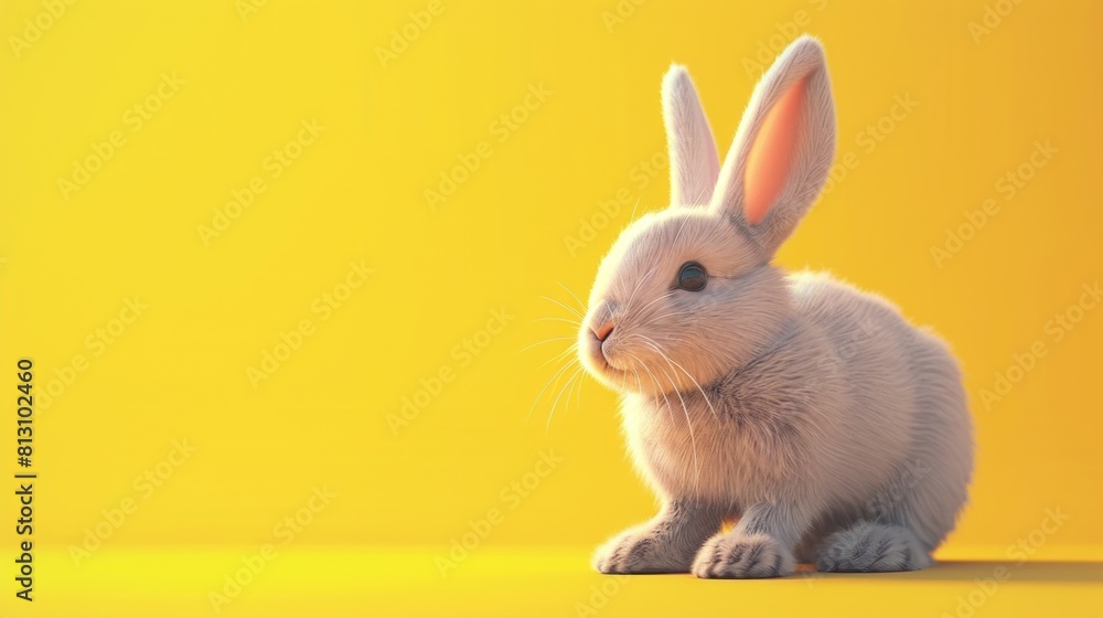 A rabbit is sitting on a yellow background. The rabbit is white and fluffy with copy space A rabbit is sitting on a yellow background. The rabbit is white and fluffy with copy space