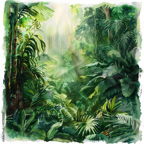 Dense, mysterious jungle depicted in watercolor, with sunlight filtering through foliage, styled cute and isolated on white