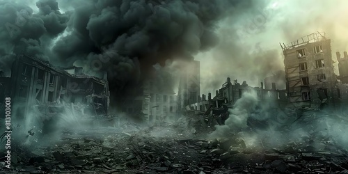 City in ruins dark sky dirty buildings filled with ash and smoke. Concept Post-apocalyptic setting, Urban decay, Dystopian civilization photo