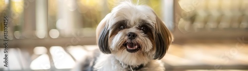 Playful and charming, a Shih Tzu dog poses for a portrait, its joyful demeanor perfectly captured in a lightfilled setting
