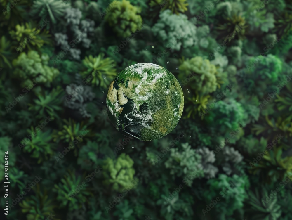 Subtle yet powerful, a green globe in a forest setting promotes the urgent message of carbon neutrality and sustainable living Subtle yet powerful, a green globe in a forest setting promotes the urgent message of carbon neutrality and sustainable living