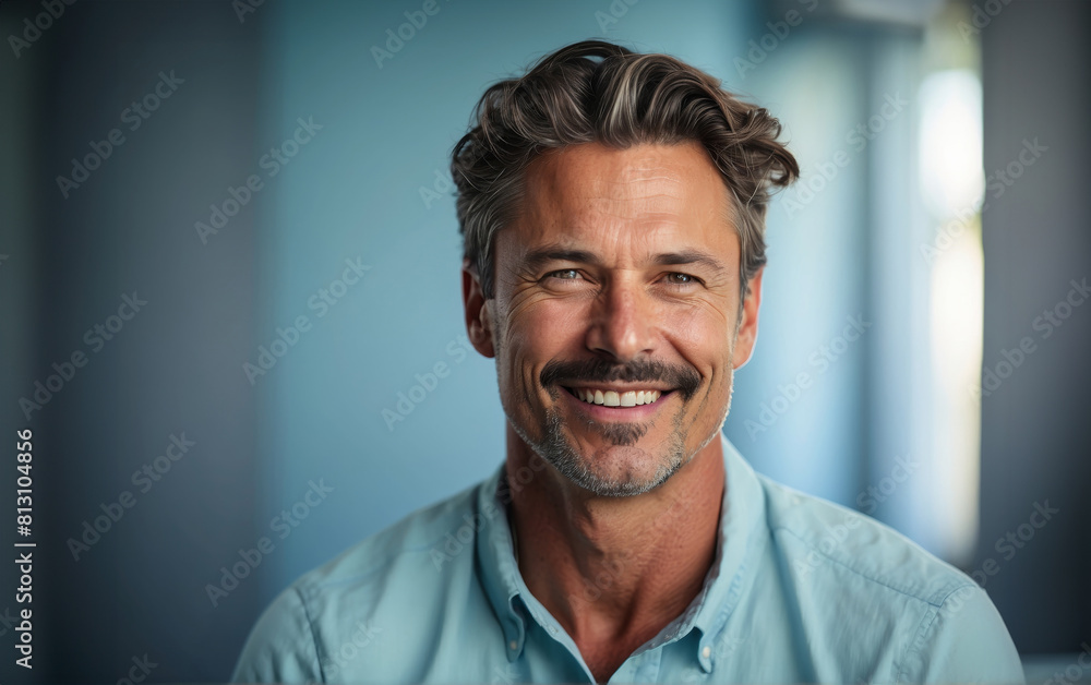 Portrait of a middle-aged man smiling at the camera on blue background Portrait of a middle-aged man smiling at the camera on blue background