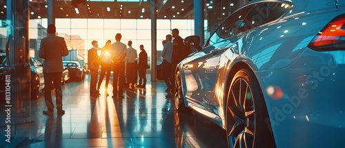 Team of skilled workers gathered at a car dealership, discussing strategies beside a shiny new car under bright showroom lights photo