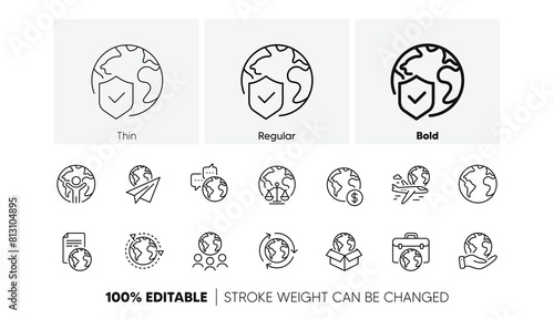Financial transactions, translate language, outsource business. World business line icons set. International organization, global law, world map icons. Delivery service, global outsource. Vector