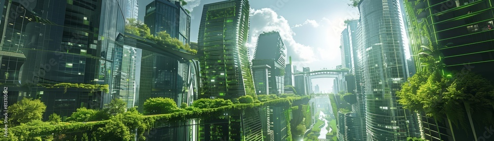 Urban evolution depicted through a futuristic cityscape merging green spaces with modern architecture