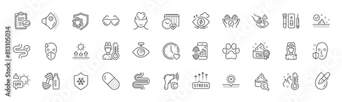 Electronic thermometer, Medical prescription and Sun protection line icons. Pack of Thermometer, Fitness app, Blood and saliva test icon. Capsule pill, Eye laser, Dont touch pictogram. Vector