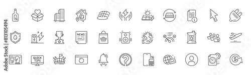 Dollar exchange, Electric plug and Solar panels line icons. Pack of Save planet, Fake news, Arena icon. Online buying, Clock bell, Alcohol free pictogram. Bread, Project deadline, Headshot. Vector
