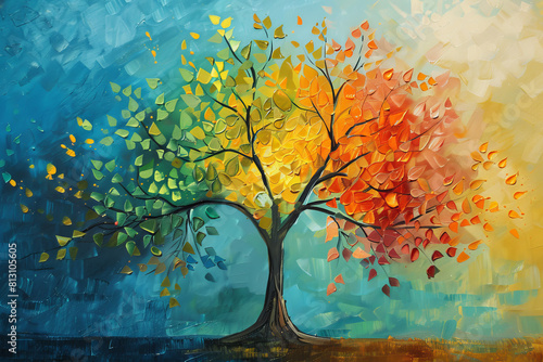 A painting of a tree with leaves in various colors  including orange  yellow