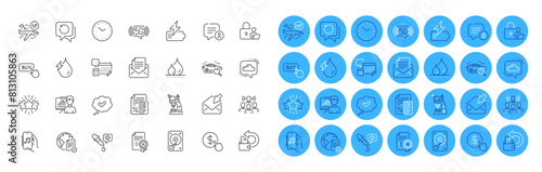 Approved, Search car and Credit card line icons pack. Team work, Time, Buy currency web icon. Hydroelectricity, Mail correspondence, Chemistry pipette pictogram. Cloud communication. Vector