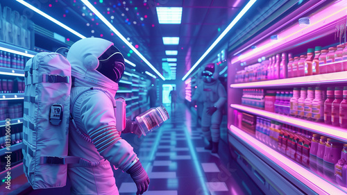 astronaut navigating the aisles of a futuristic supermarket, space station photo