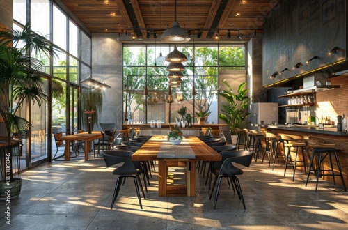 Spacious Dining Room With Large Wooden Table and Windows