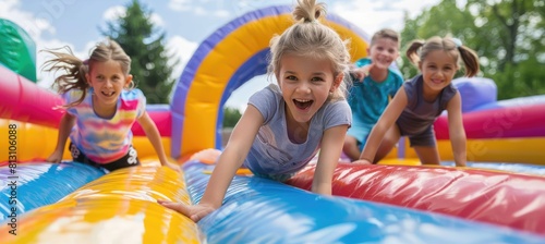 Very happy children are jumping on an inflatable bounce house during summer and pleasant weather. photo