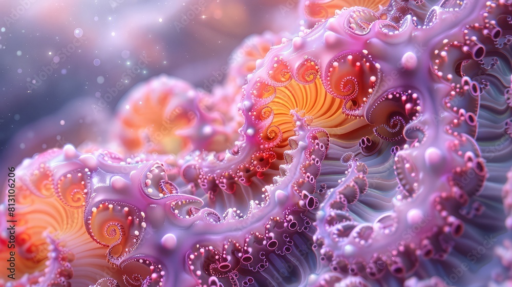 Sea corals and stars inspired stacked shapes in a 3d surrealist rounded shapes geometric style, vibrant colors