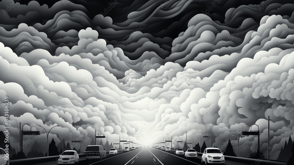 Obraz premium A long and winding road stretches into the distance, framed by towering clouds that seem to reach out and touch the sky