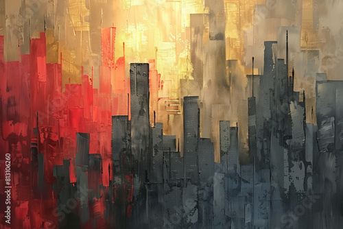 A painting of a cityscape with a red and gold background