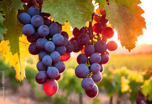 Vine grapes on tree at sunset