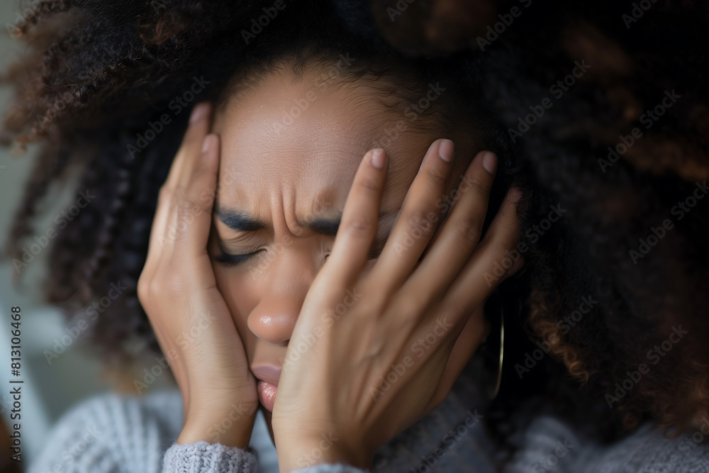 Black woman with her hands over her face due to headache Black woman with her hands over her face due to headache