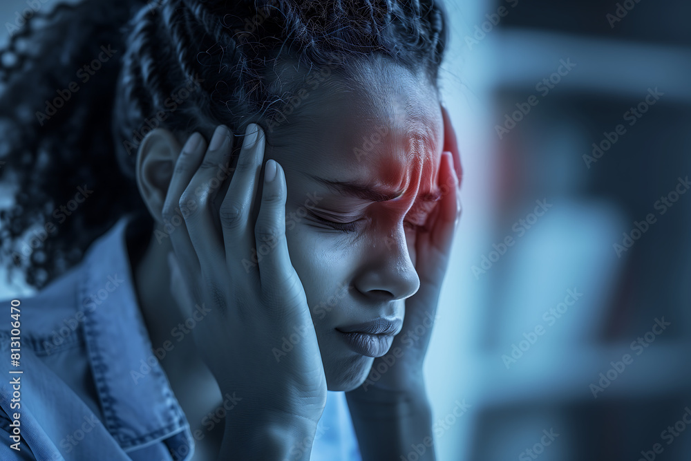 Black woman with her hands on her face due to a headache, red marks where the pain is. Black woman with her hands on her face due to a headache, red marks where the pain is.