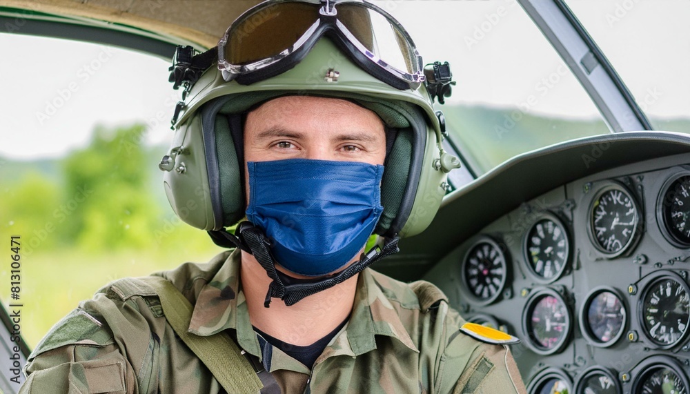 Portrait of a military aircraft pilot sitting in his plane wearing ...