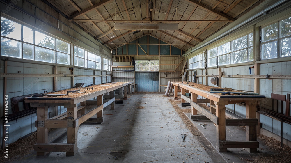 Empty craftsman's shed with workbenches lined up but devoid of any tools or materials, a testament to past labor. Empty craftsman's shed with workbenches lined up but devoid of any tools or materials, a testament to past labor.