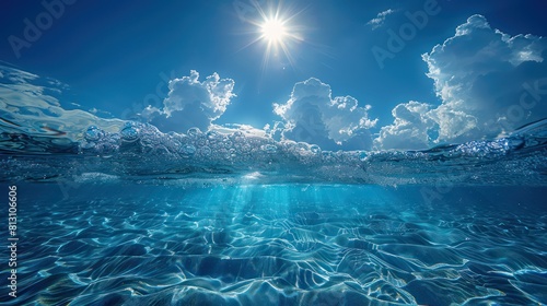 ocean with clear blue waters  under the bright sun and blue sky