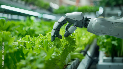 A robot is touching a plant in a greenhouse