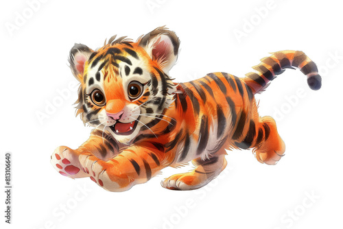 Cute cartoon tiger cub running, PNG Transparent background 
