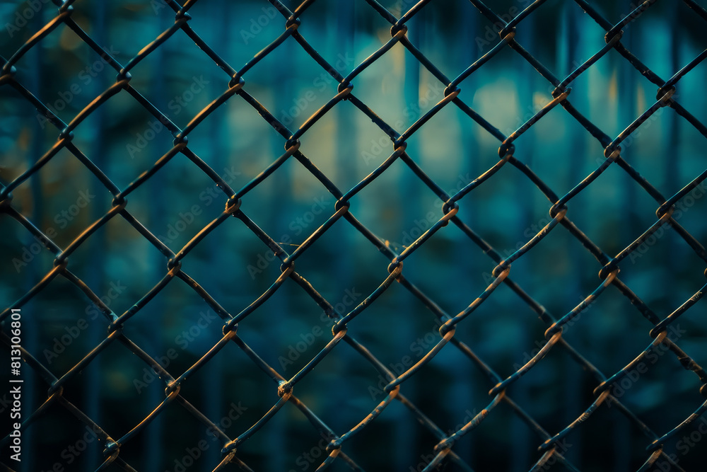 A close up of a chain link fence with a blue background A close up of a chain link fence with a blue background