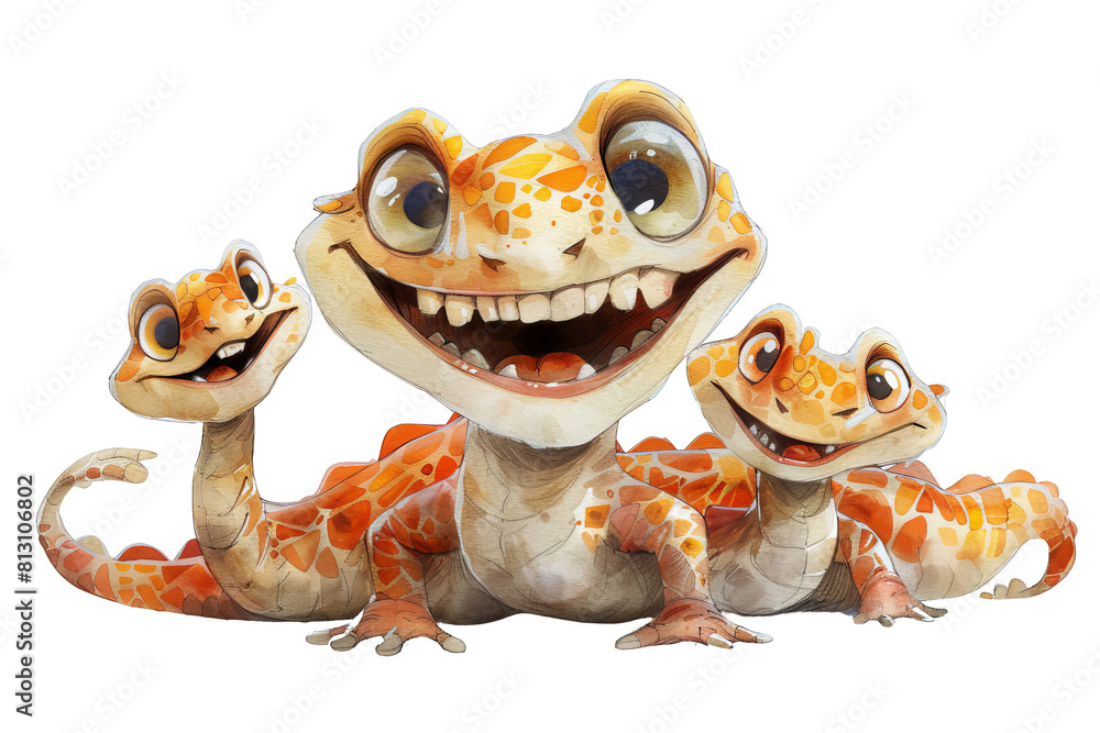 Three cute orange and yellow cartoon lizards smiling, PNG Transparent background Three cute orange and yellow cartoon lizards smiling, PNG Transparent background