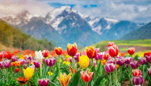 Selective focus.closeup of fantasy multicolor tulip flower blooming in garden with landscape