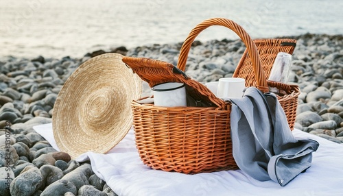 Set for picnic- basket, mug, bag, plate on white blanket against the beach coast.