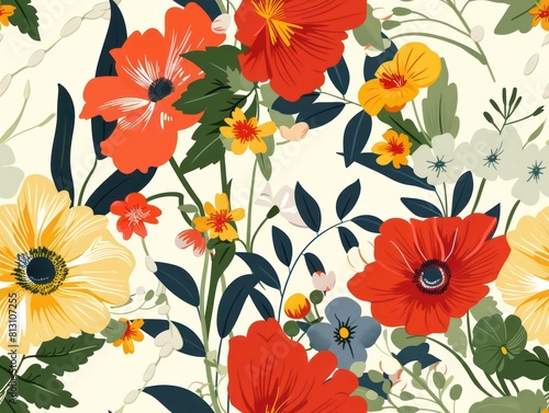 flowers pattern  flat design  white background  bright colors  watercolor style  green yellow and orange poppies  daisies  leaves  grasses  flowers in the foreground