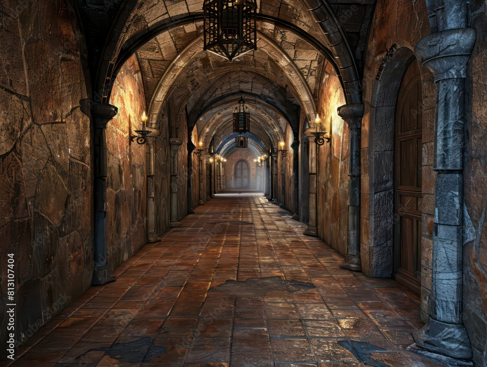 hallway inside a medieval castle hallway inside a medieval castle