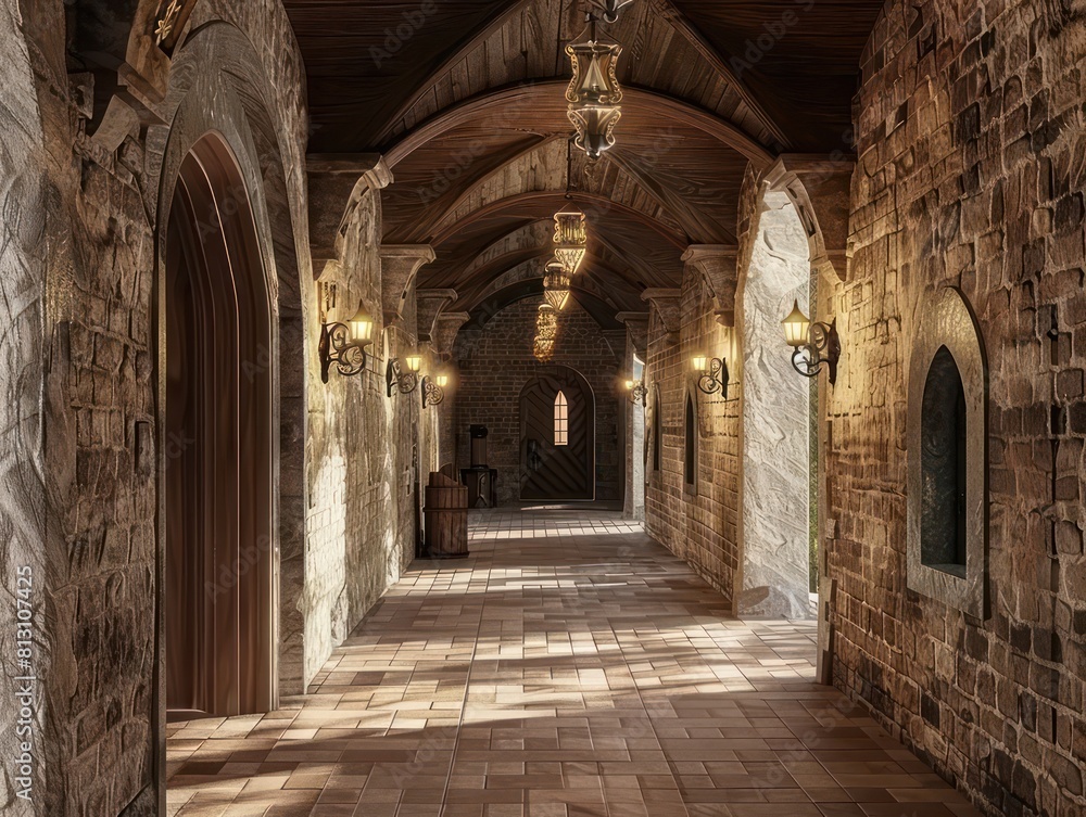 hallway inside a medieval castle hallway inside a medieval castle