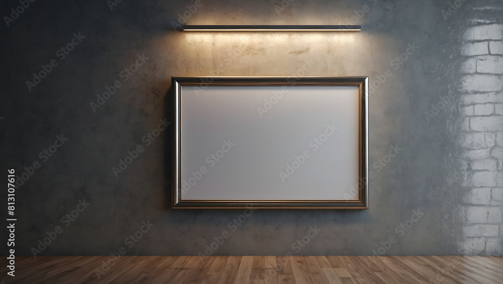 Empty frame on wall with light bulb. Frame mockup. Empty frame on wall with light bulb. Frame mockup.