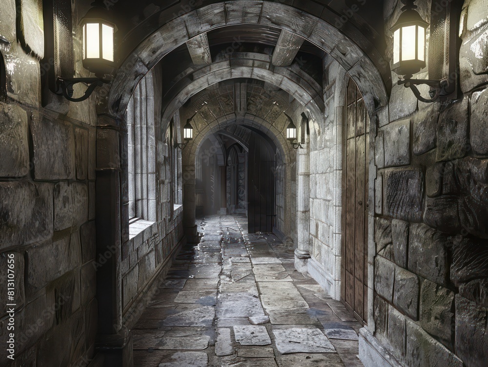 hallway inside a medieval castle hallway inside a medieval castle