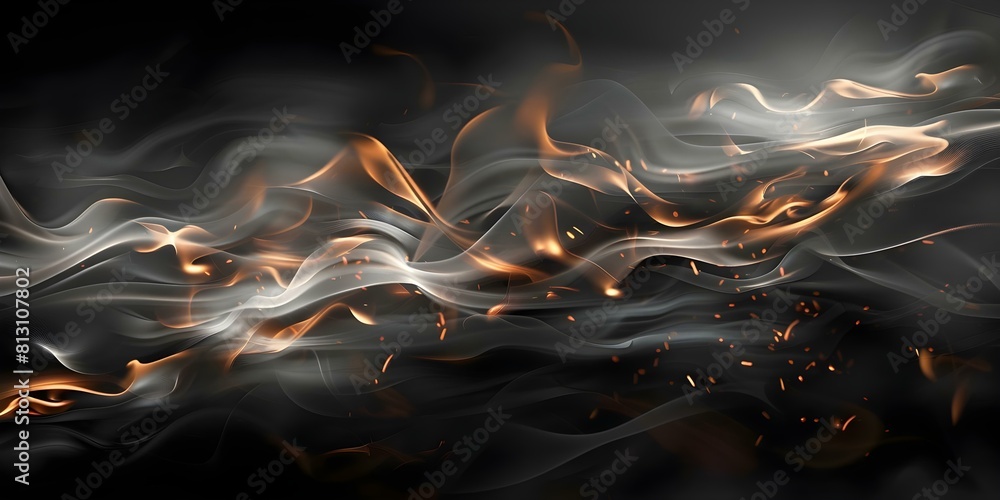 Fototapeta premium Burning Wood: Abstract Background of Black Charcoal Fire with Embers and Smoke. Concept Abstract Background, Burning Wood, Charcoal Fire, Embers, Smoke