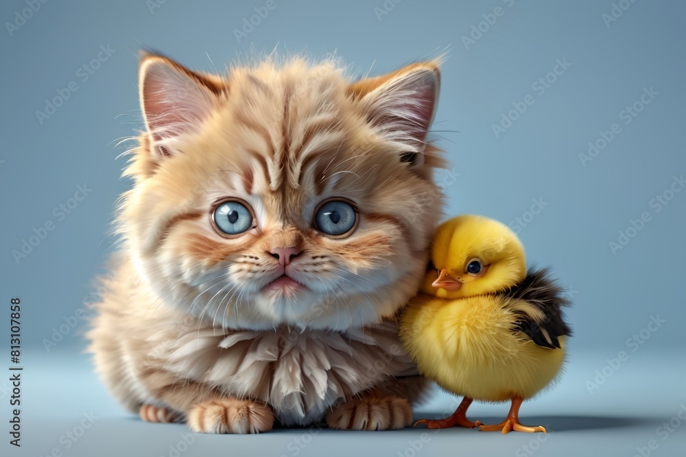 Fototapeta premium cute kitten and yellow chick, isolated on blue background