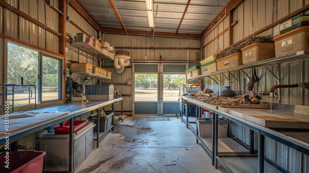 Empty exotic animal care shed with habitats and care equipment, all prepared but no animals in care. Empty exotic animal care shed with habitats and care equipment, all prepared but no animals in care.