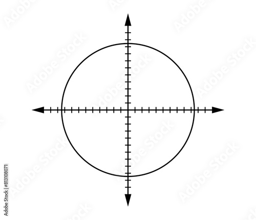 Blank cartesian coordinate system in two dimensions with circle. Math scale template. Vector illustration isolated on white background.