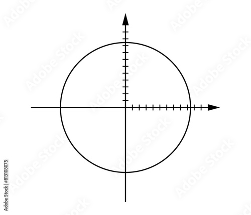 Blank cartesian coordinate system in two dimensions with circle. Math scale template. Vector illustration isolated on white background.